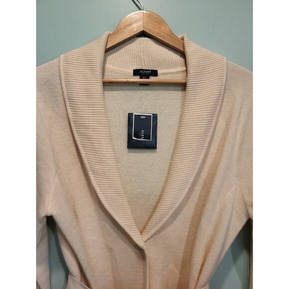 New Ivory 100% Merino Wool Belted 1 Button Cardigan Sweater Office Alfani Sz Lp - Picture 2 of 7